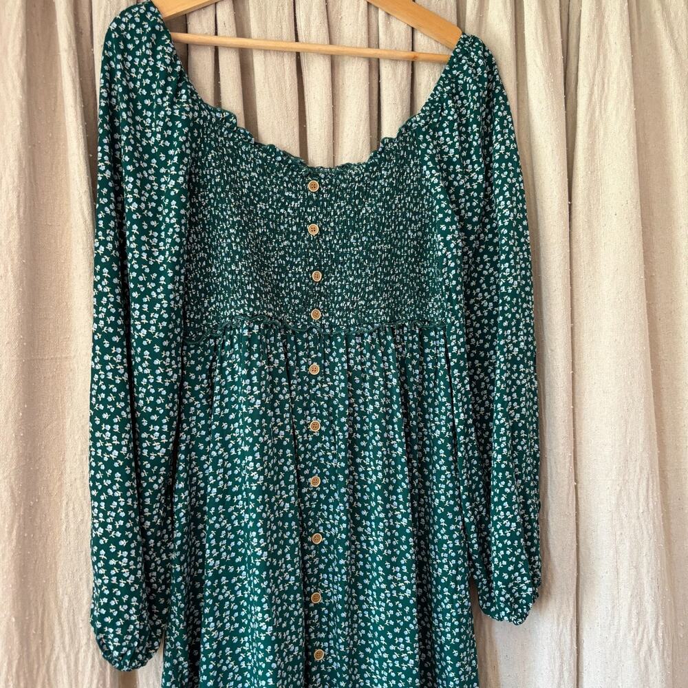 Modest Green Floral Smocked Cottagecore Maxi Dress Button Front NWT Size M - Picture 2 of 8